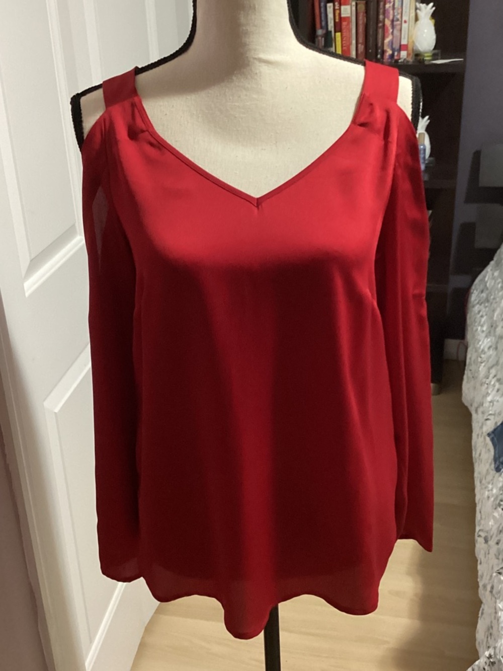 1. State Red Cold-Shoulder V-Neck Blouse